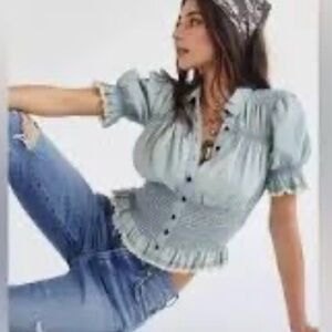 Anthropologie Pilcro Femmw,Smocked Ruffle Button-Front Women’s Top in Light Blue